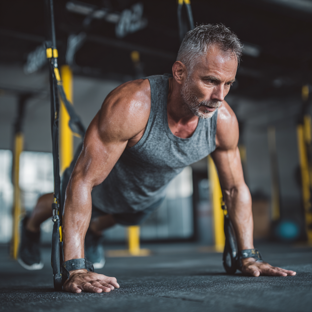 Athletic middle-aged man performing functional training exercises in professional gym